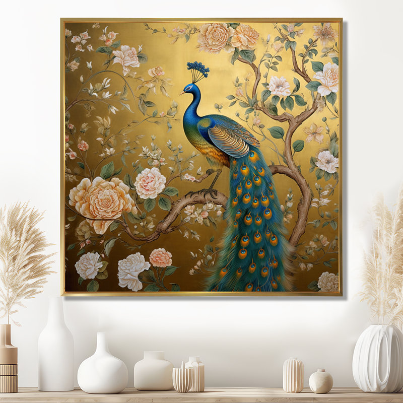 Grand paon majestueux sur fleurs dorées rétro - art mural paon, H 30 po x l 30 po x P 1 po, Toile avec cadre flottant or