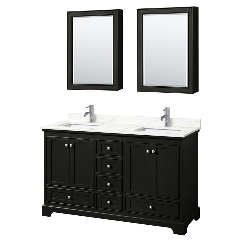 Ensemble de meuble-lavabo double autoportant Deborah avec plateau en quartz et miroir, Espresso foncé, Quartz Giotto