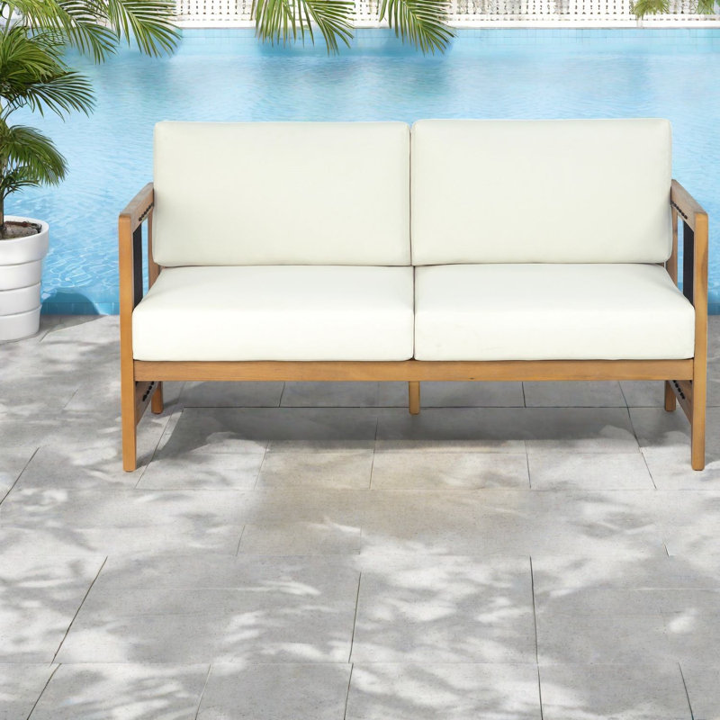 Causeuse de patio moderne, causeuse en bois d'acacia avec coussins beiges pour patio