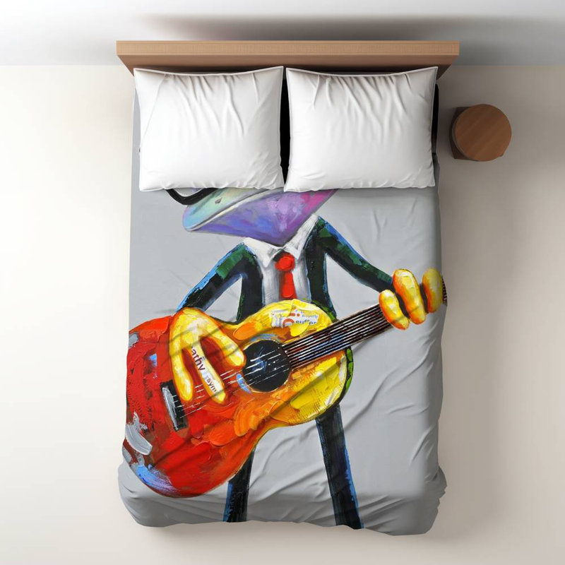 Funny Frog Playing Guitar Duvet Cover - Gray Aquatic Decor