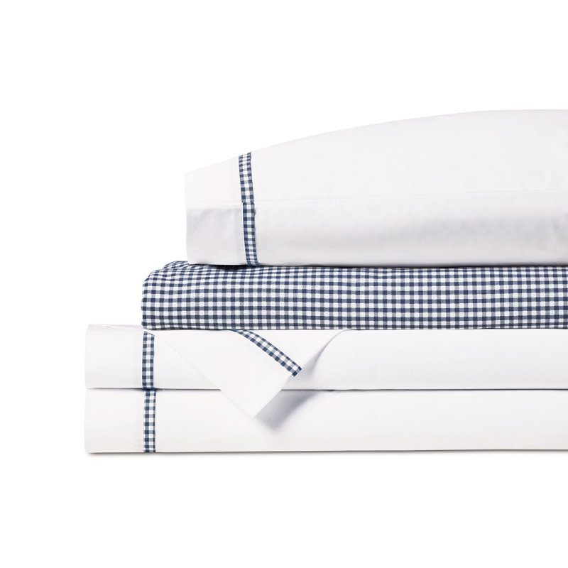 Malaya Egyptian Cotton Percale Gingham Sheet Set, Navy, California King