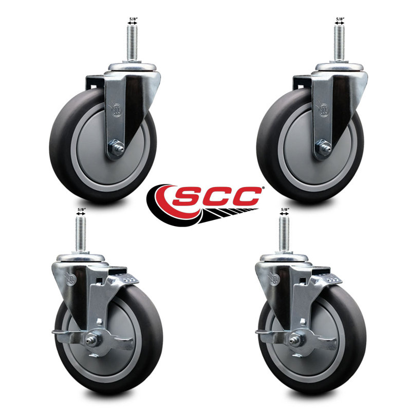 Rubber Wheel Swivel 5/8 Inch Threaded Stem Caster Set 2 Brakes