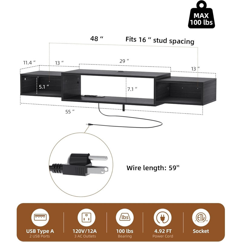 Floating TV Stand With Built-In Power Outlet, Wall Mounted Media Console With Charging Station And Cable Management For Living Room Entertainment Center