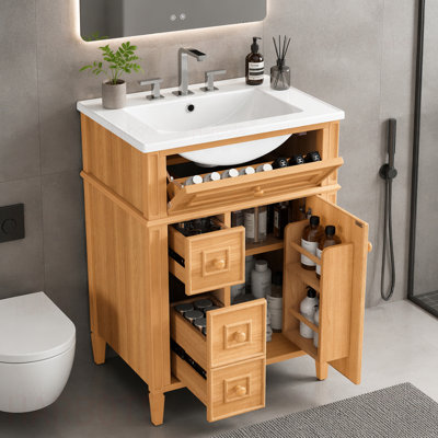 Meuble-lavabo de salle de bain avec lavabo, meuble-lavabo en bois avec tiroir rabattable, 2 tiroirs à fermeture en douceur, 1 porte à fermeture en douceur, bois massif et panneau de fibres à densité moyenne, poignées en bois élégantes