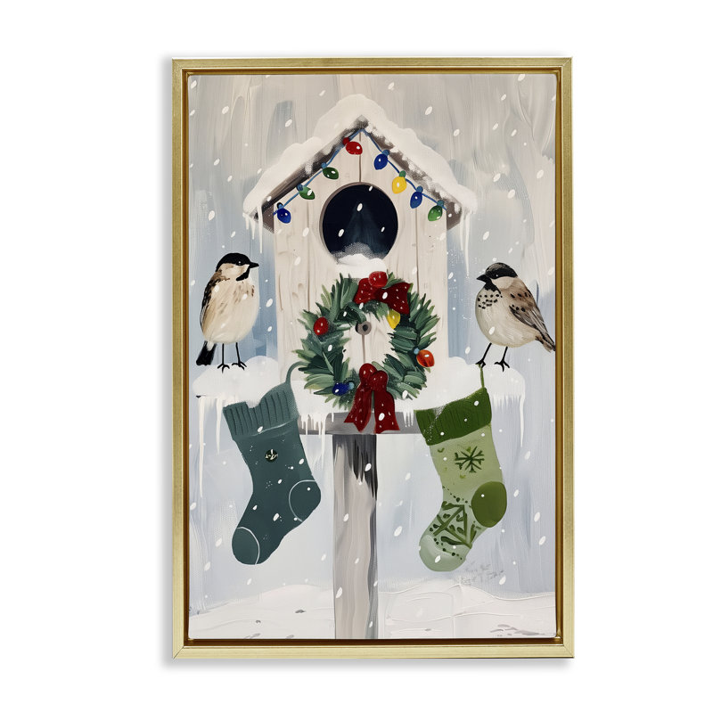 Cadre flottant Festive Christmas Birdhouse, design par Arlington Prints, H 25 po x l 17 po, Cadre flottant métallique doré