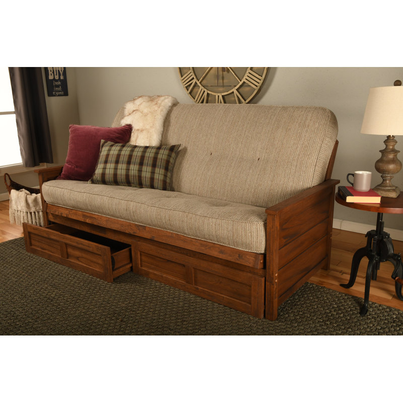 Futon double avec matelas avec rangement Emmiliano, Brun patiné, 100% polyester
