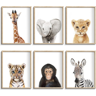 Ensemble de 6 décorations murales pour chambre de bébé safari, reproductions de photos d'animaux mignons sur toile