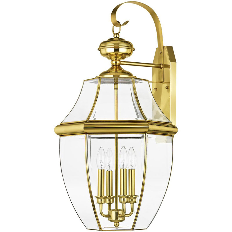 16in 4-Light Outdoor Wall Lantern Pendant with Clear Beveled Glass Shade, Polished Brass