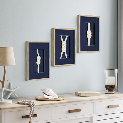  Nautical Rope Knot 3 Piece Framed Coastal Wall Art Decor Set - Navy Blue