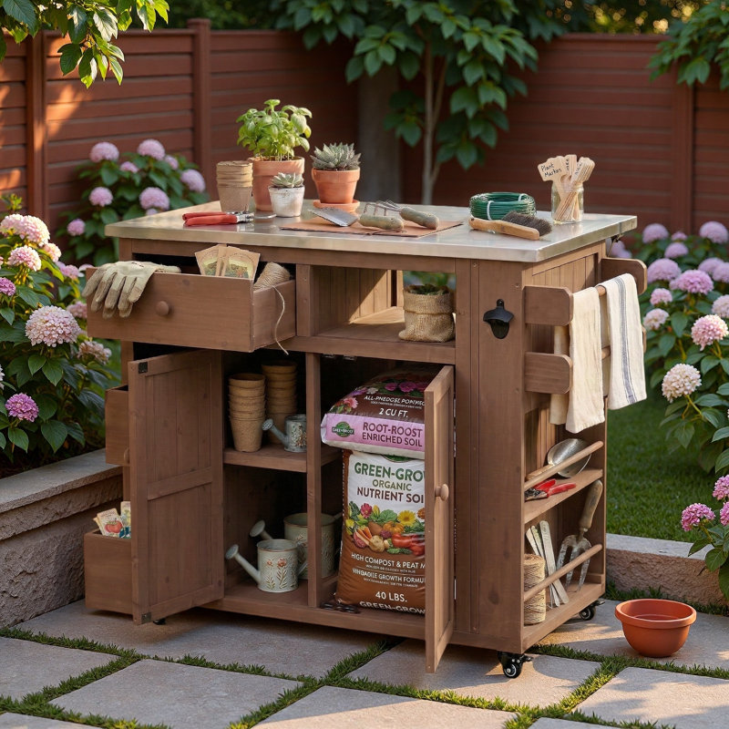 Îlot de cuisine extérieur avec plateau en acier inoxydable, support à épices latéral, tiroirs, support à papier, porte-serviettes et tablette ouverte