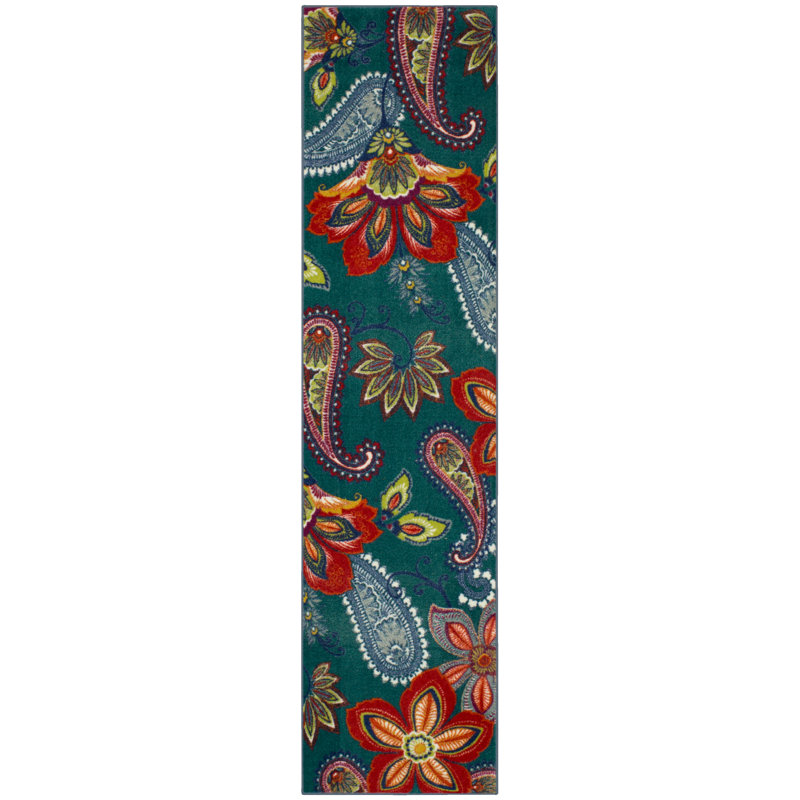 Tapis bleu sarcelle à motif floral Kamberk, Tapis de couloir 2 pi x 5 pi