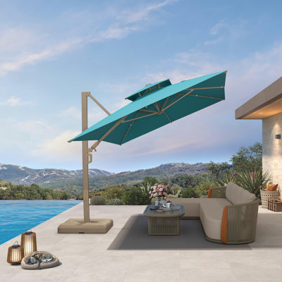 Grand parasol 108 po x 144 po rectangulaire extérieur en porte-à-faux beige avec base et rotation à 360 degrés