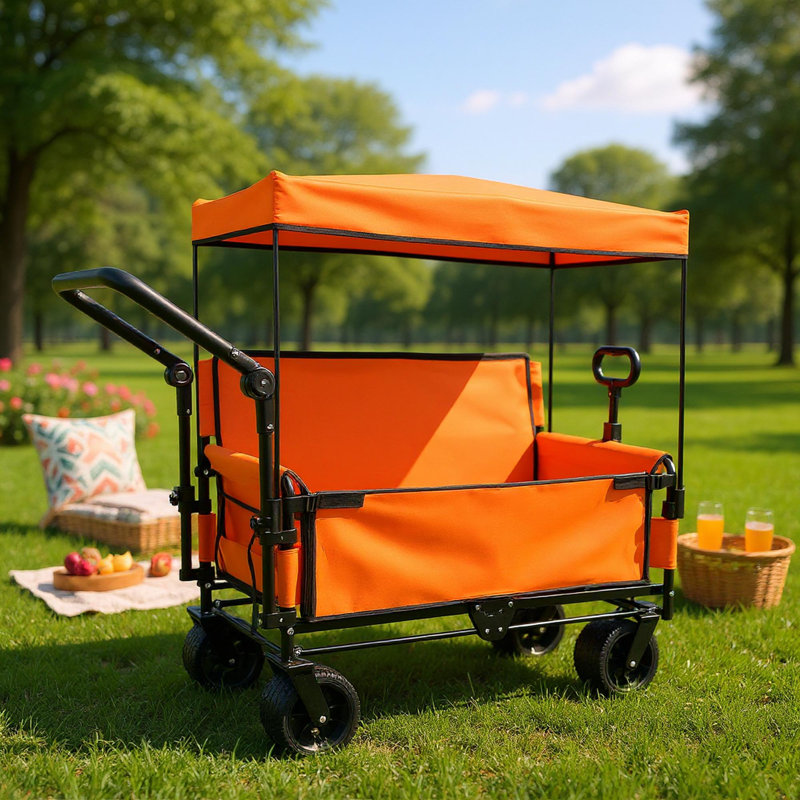 Chariot pliant 3-en-1 avec banquette, auvent et rangement, Orange