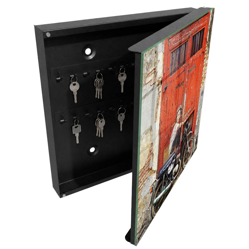 Decorative key box for wall, Opens to the left, 30x30x5, Black, Red door with a painting and a motorcycle, 