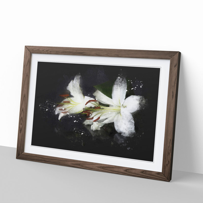 White Lily Flowers - Picture Frame Graphic Art, 27cm H x 36cm W x 2cm D, Walnut Framed