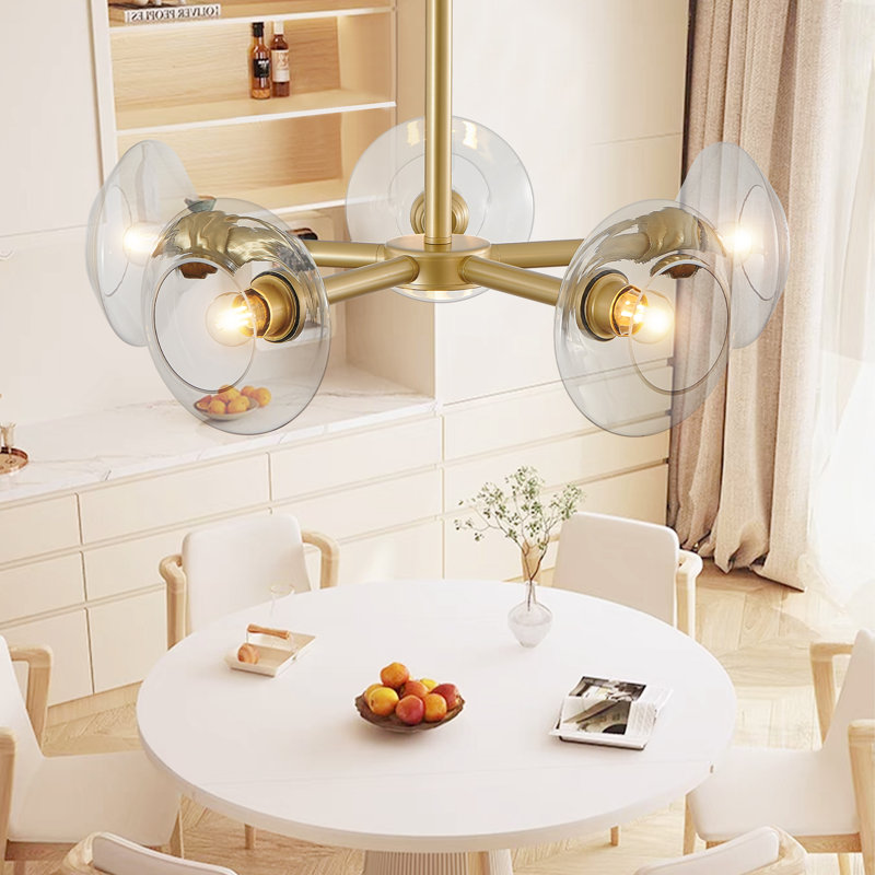 Lustre spoutnik moderne doré avec abat-jour en verre transparent, luminaire suspendu Mid-Century, 26.4", 5