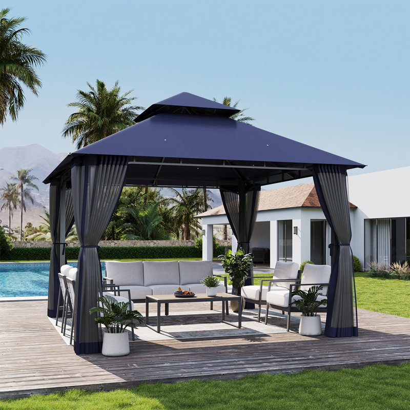 Pavillon de jardin robuste 10 'x 10' avec abattants allongés - Pavillon à toit double à structure stable avec filet et drainage intégré