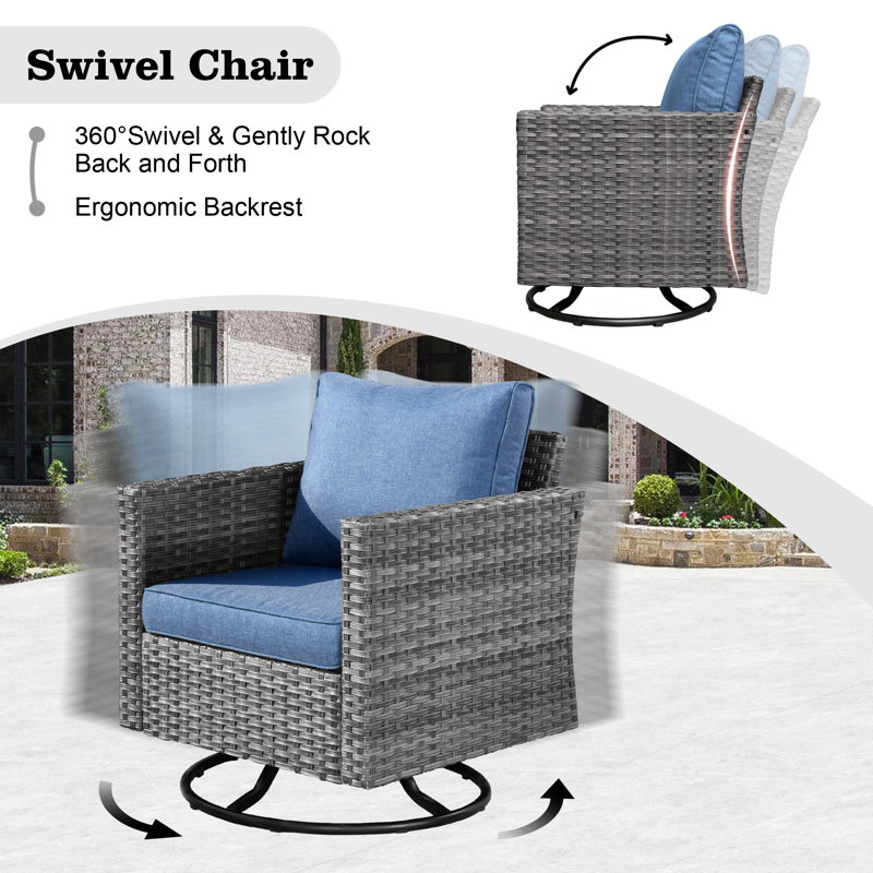 Wicker 6 - Person Outdoor Seating Group With Cushions With Fire Pit Table And Swivel Rocking Chairs, Blue