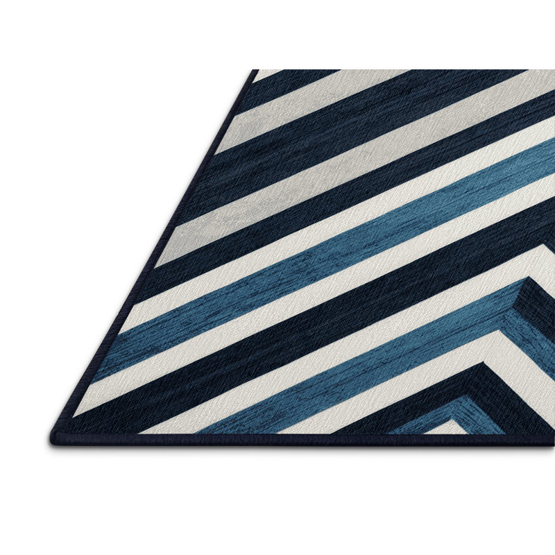  Tapis lavable rayé bleu acier et blanc, Rond 5 pi
