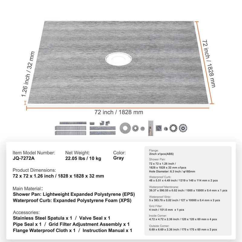 Ensemble de bordure de douche 72 po x 72 po en acier inoxydable, mousse EPS, PEHD, XPS, ABS, PE 1 ensemble de drain central imperméable facile à installer
