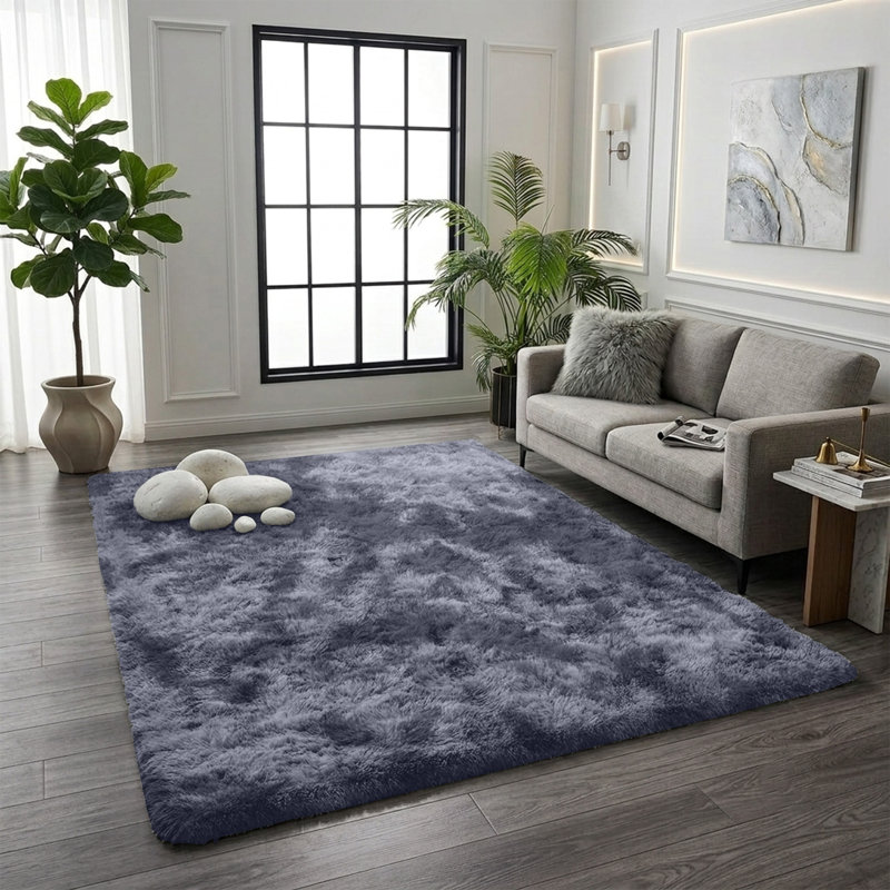 Solid Colour Machine Tufted Tie Dye Grey Shag Area Rug,Glamorous Ombre Grey Shaggy Carpet featuring a Deep Pile and Non-Shedding fibers