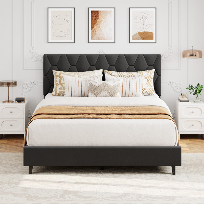 King Bed Frame With Upholstered Headboard, Heavy-Duty Platform Bed Frame With Strong Wood Slats, King, Pink