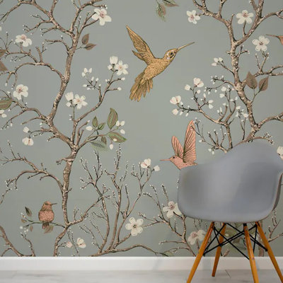 Vintage Sage Green Botanical Tree And Hummingbird Wall Mural With Floral Branch Pattern And Elegant Nature Design