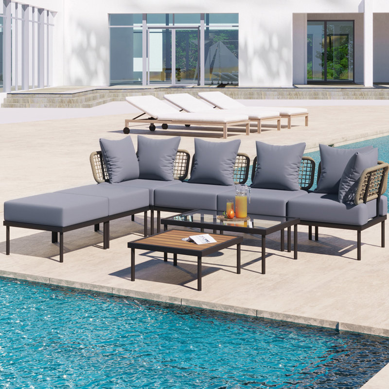 Ensemble de canapé modulaire d'extérieur 8 pièces avec table basse modulaire d'extérieur en verre trempé, Gris clair