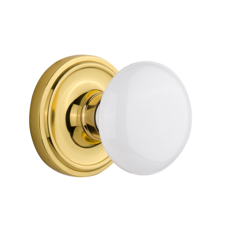 Classic Rosette with White Porcelain Door Knob, Unlacquered Brass, 2-3/8"