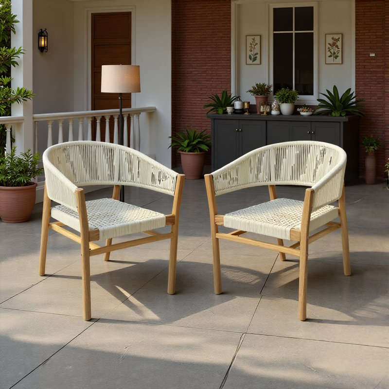 Ensemble 2 pièces de chaises de patio en teck tissé avec corde beige