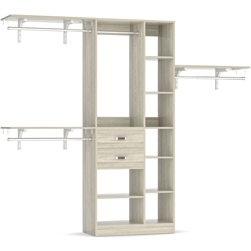 Rhandy 96" Closet System With Wooden Drawers & 13 Shelves (Can Be Cut To Fit), Wood