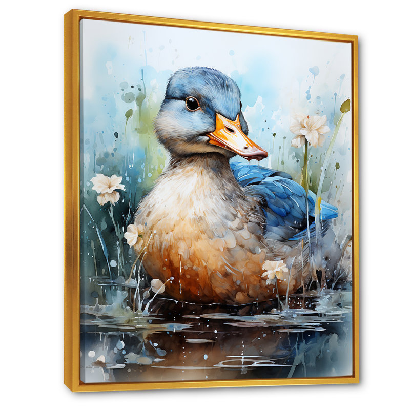 «Blue Duck», aquarelle, Cadre flottant doré, 32" H x 24" W