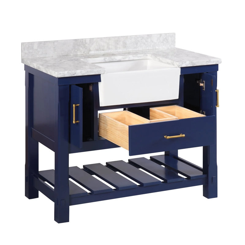 Hitton 42'' Single Bathroom Vanity with Top, Carrara Marble, Royal Blue