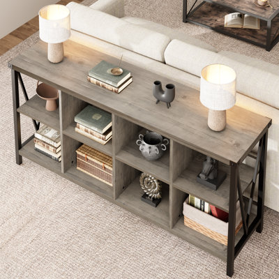 Bibliothèque industrielle à 8 cubes - bibliothèque horizontale en métal à 3 niveaux - longue tablette basse, console - idéale pour le salon, le vestibule, le bureau, le meuble télé - gris