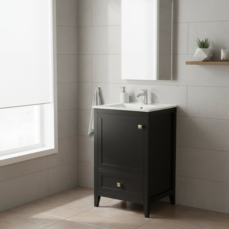 Meuble-lavabo noir 20 po | Lavabo en céramique et porte à fermeture en douceur