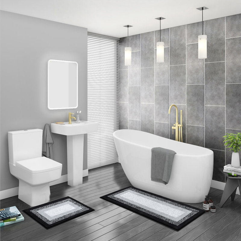 Geometric Super Soft & Absorbent Washable Bathroom Mat Set of 2, Black