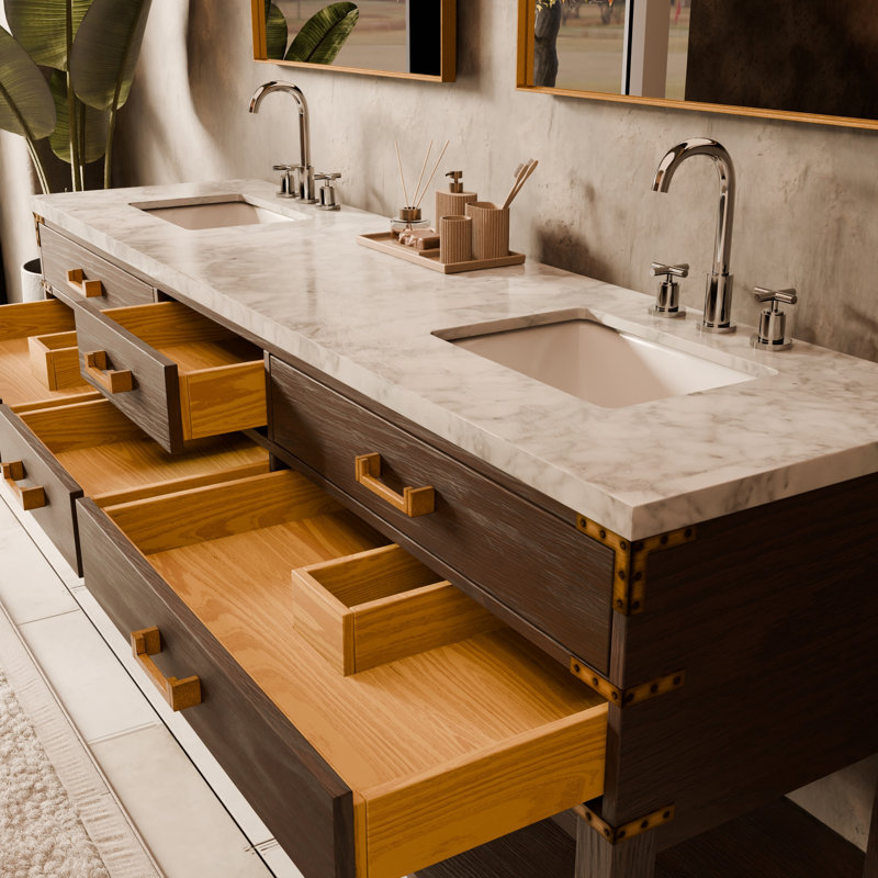 84" Double Bathroom Vanity Set, White Carrara Marble, Brown Oak