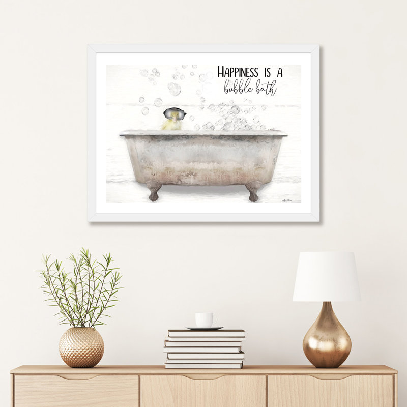 «Happiness Bubble Bath» par Linda Rauch - reproduction d'art, H 24 po x l 32 po x P 1 po, Papier encadré blanc