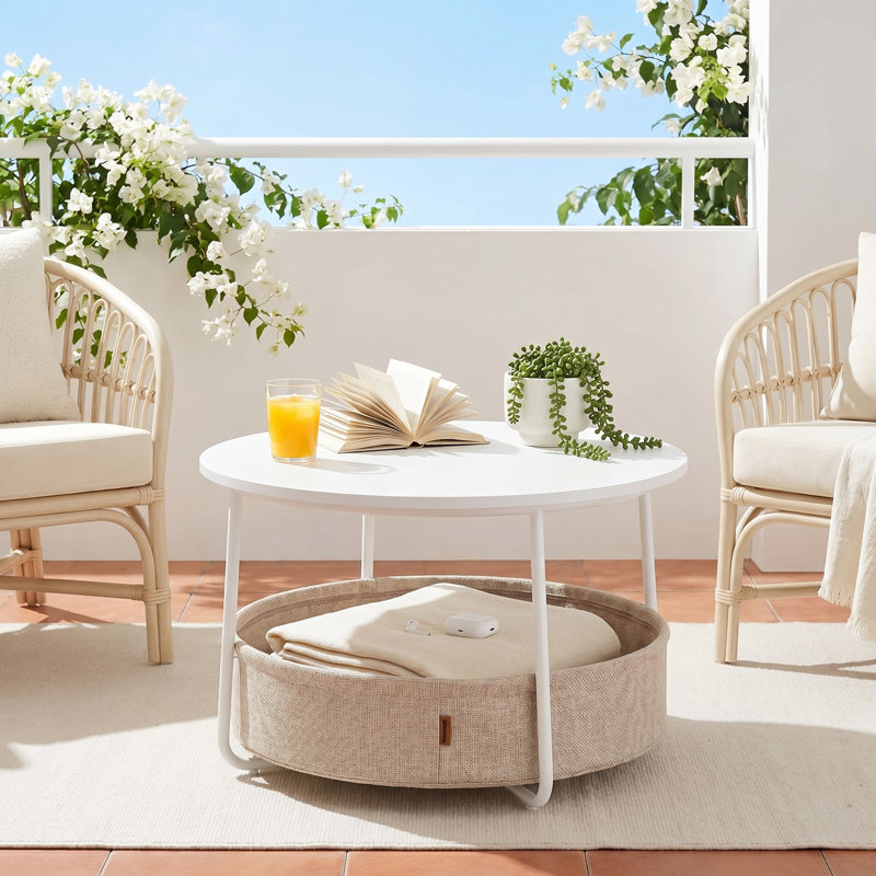 Table basse ronde avec rangement - Table de centre moderne avec panier en tissu et structure en métal, pour le salon, blanc mat et brun chameau