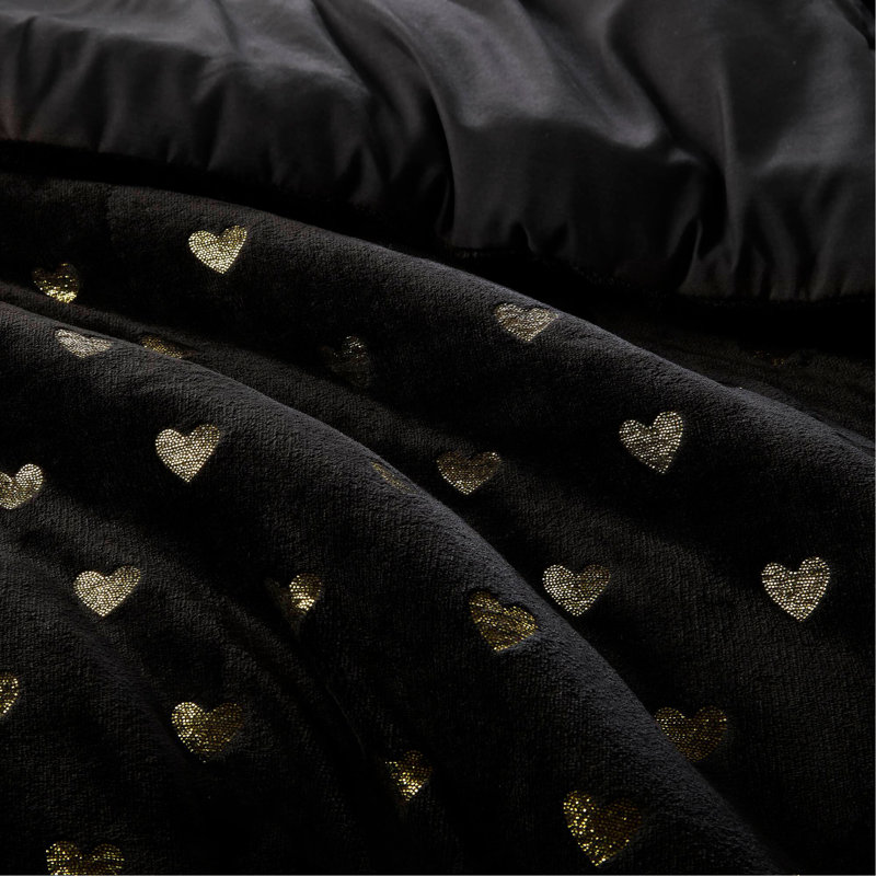 Ensemble d'édredon en peluche à imprimé métallique 4 pièces avec coussin décoratif, Noir
