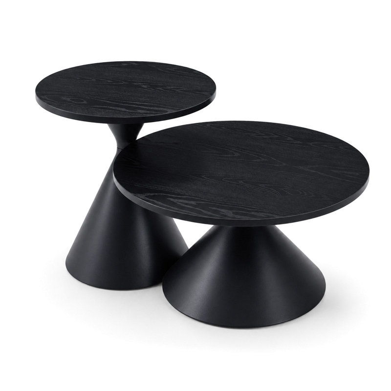 Ensemble de 2 tables basses rondes, plateau de table à motif noir avec base en acier, table basse multifonctionnelle à la mode