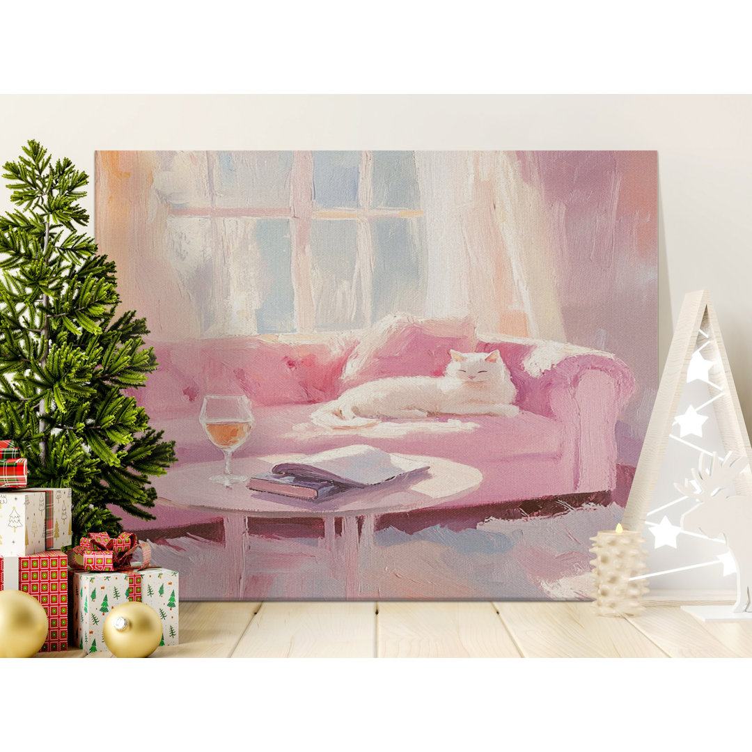 White Cat on Pink Couch Canvas Wall Art, Gallery Wrapped, Modern Home Decor, Ready to Hang, Archival Quality, Living Room Art