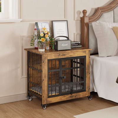27.1" Dog Crate Furniture With Cushion And Wheels