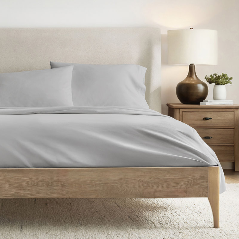 100% Cotton Percale Brushed & Washed 4 Piece Sheet Set, Full Sheet Set with 2 Pillowcases, Light Gray