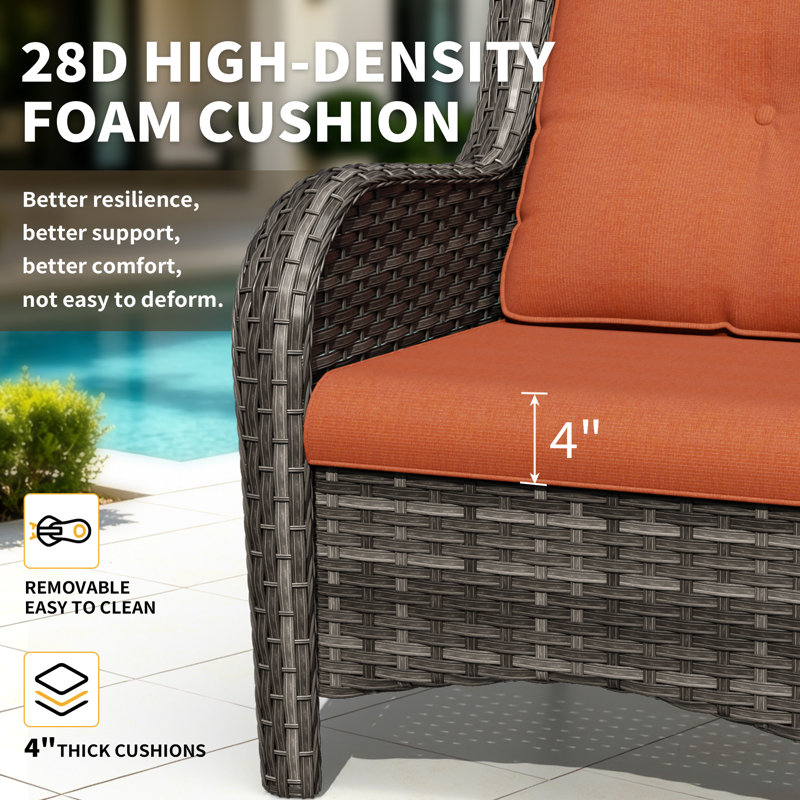 3-Piece All-Weather Wicker Patio Conversation Set With Cushions & Ottoman, Orange