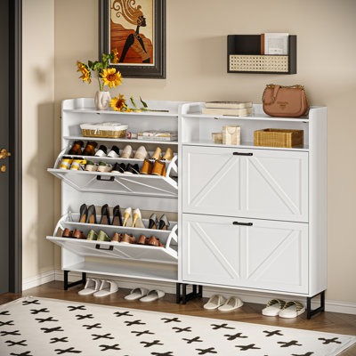 Armoire de rangement pour chaussures 20 paires avec 2 tiroirs rabattables, 2 tablettes réglables et crochets latéraux