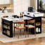 Îlot de cuisine extensible avec rangements astucieux, crochets et prise électrique - Table à manger blanche en marbre noir, angles arrondis modernes, tiroirs dissimulés, prise électrique