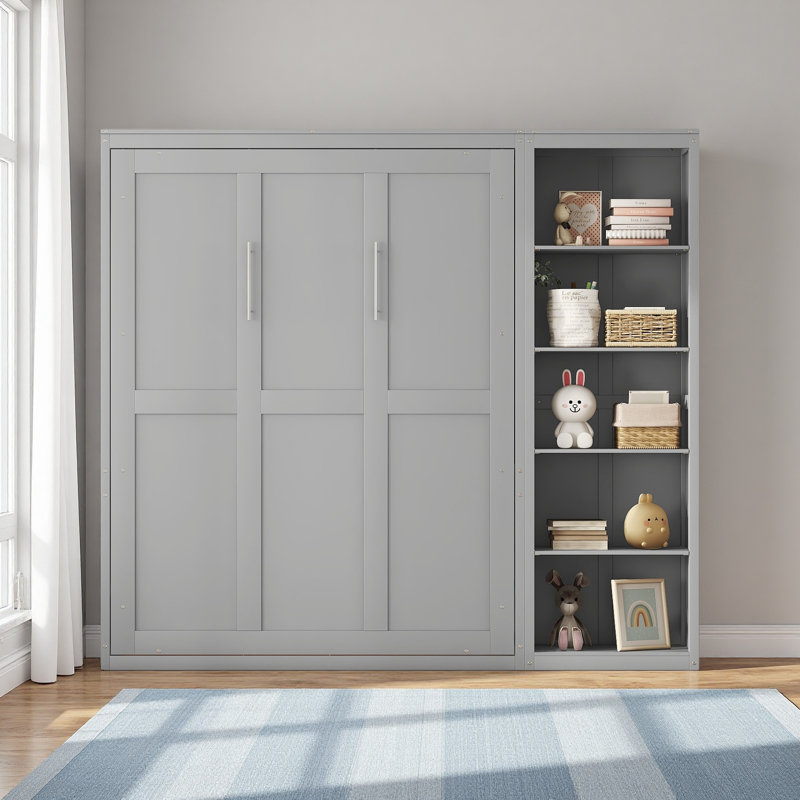 Lit escamotable double pleine grandeur avec tablettes, Gris