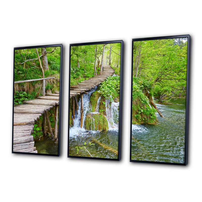 Cascades à Plitvice Lakes - Photographie de 3 pièces sur toile, H 28 po x l 36 po x P 1 po, Noir