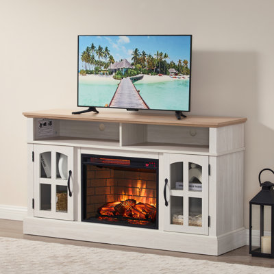 Meuble télé avec foyer, centre de divertissement avec foyer électrique, console multimédia pour téléviseur de 70 po ou moins, rangement et portes vitrées